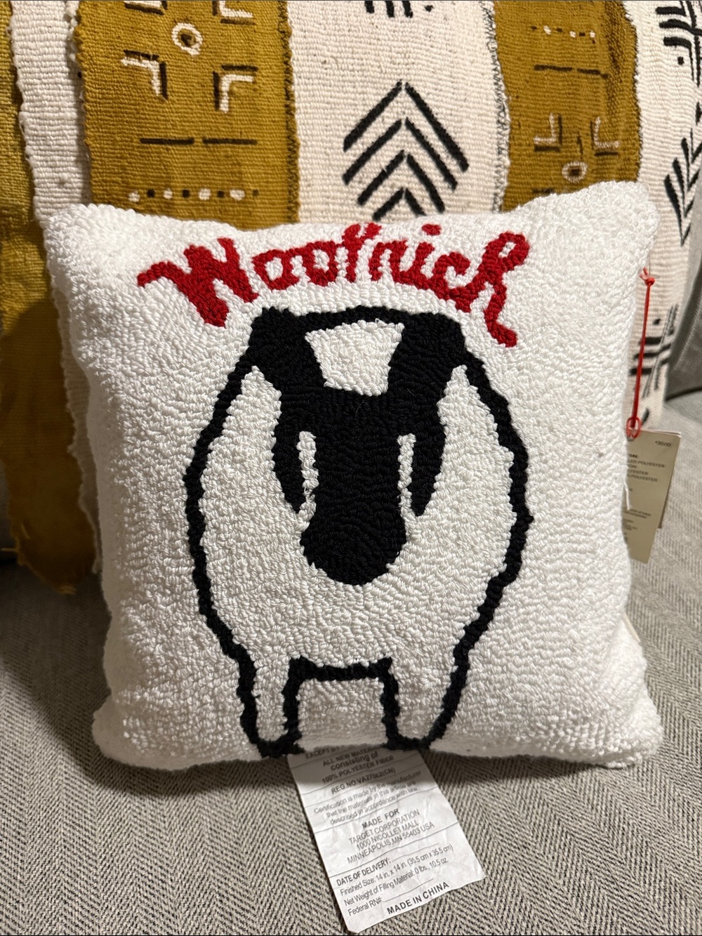 Woodwich Target White Pillow with Black Sheep and Red Script